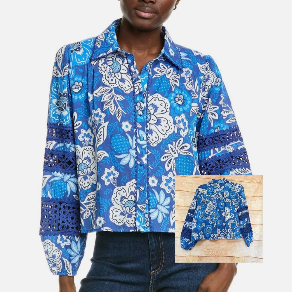 Elie Tahari Blue Floral Collared Button up Lace Trim Long Sleeve Blouse‎ Size XL